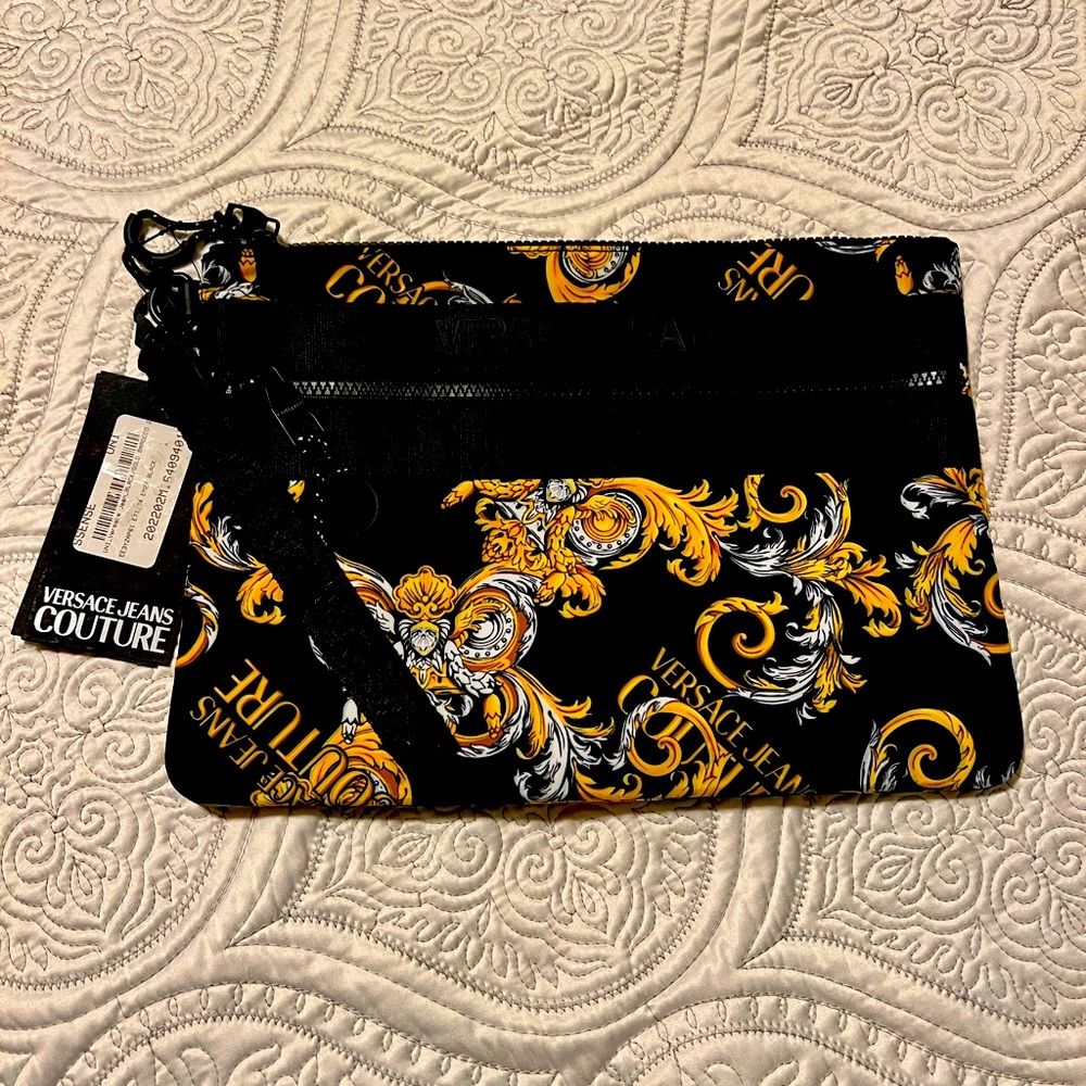 Versace Jeans Couture Black/Gold Barocco Logo Zip Pouch (NEW WITH TAGS)